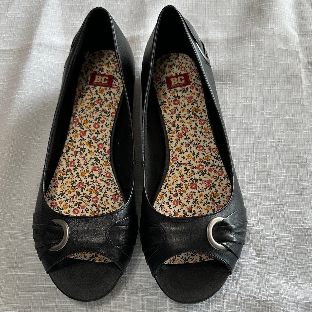 BC Footwear Black Peep Toe Flats with Silver Accent